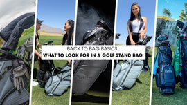 Collage of CaddyDaddy RevCore golf bags in various outdoor settings, featuring golfers interacting with lightweight and hybrid stand bags. Center overlay text reads “Back to Bag Basics: What to Look for in a Golf Stand Bag.”