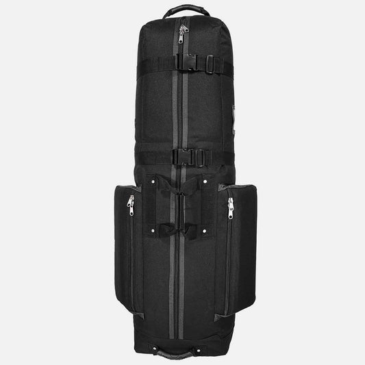 Black travel bag with multiple zippers on a white background